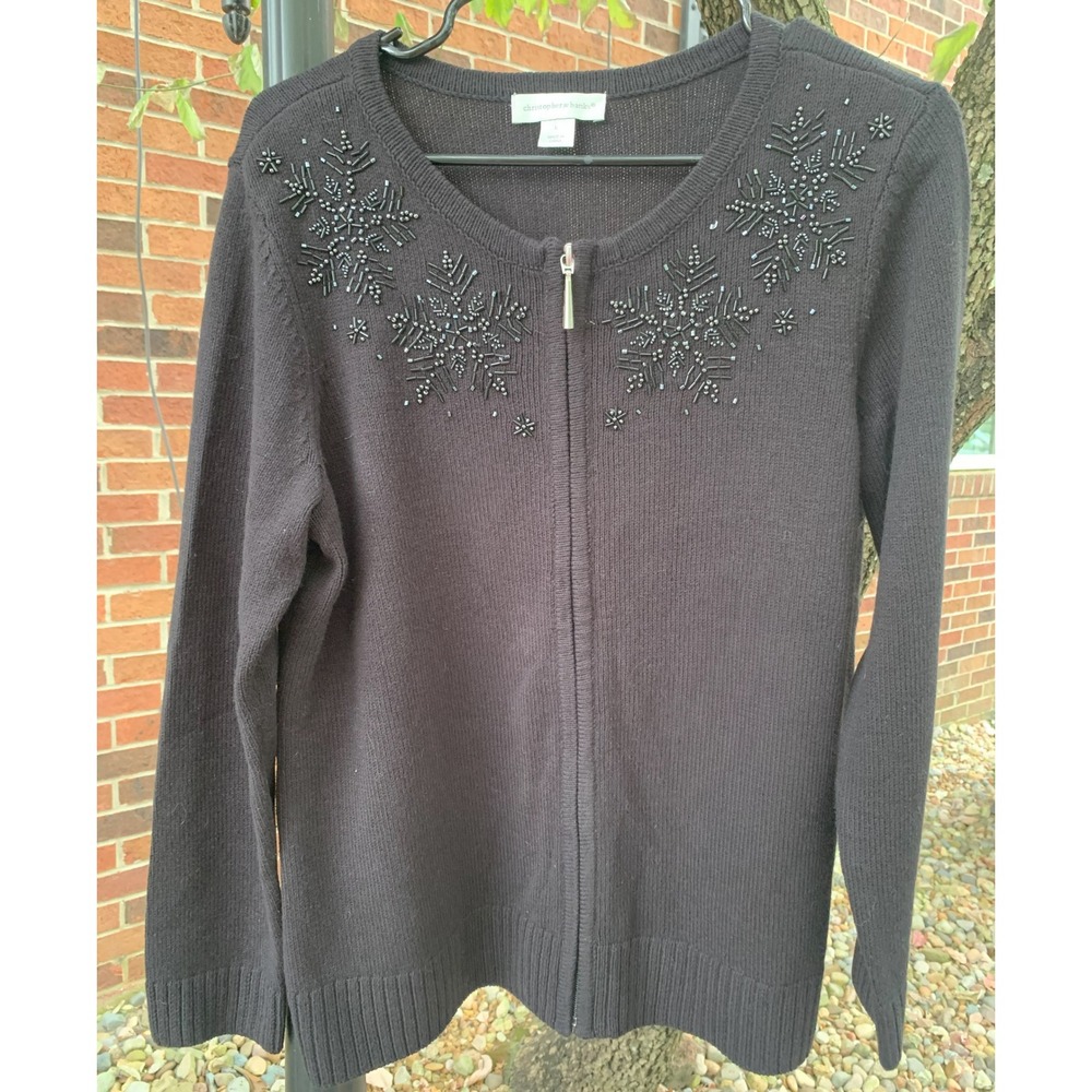 Christopher & Banks‎ Black Beaded Snowflake Zip Front Cardigan Sweater Womens L